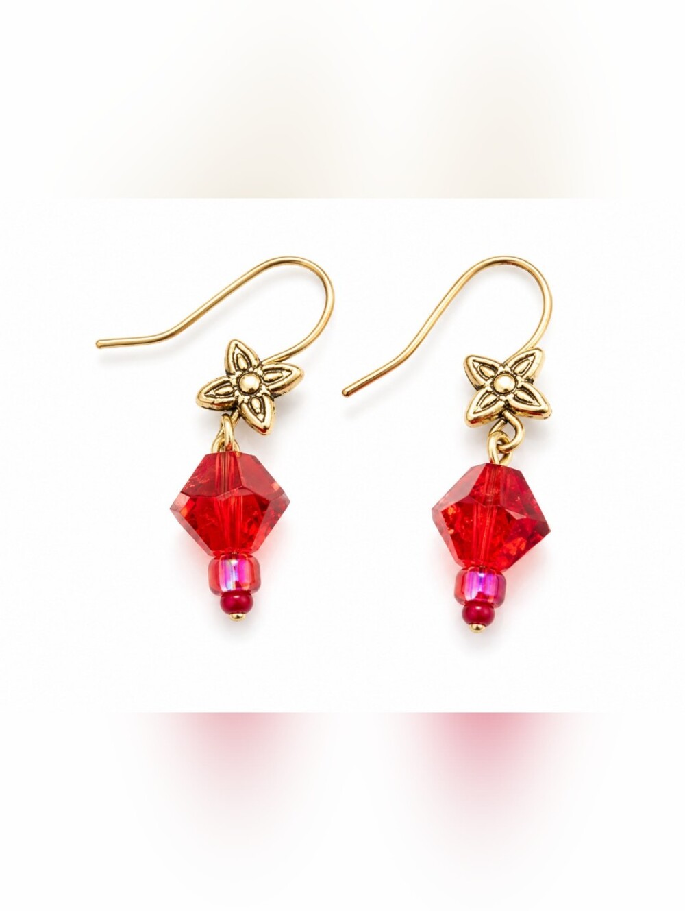 Gold Tone Red Crystal Flower Dangle Earrings Faceted Bead Handmade Romantic Jewe